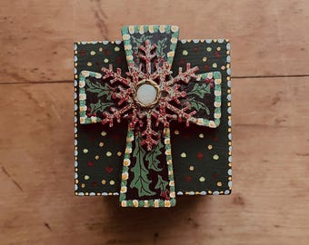 Christmas in July, Hand Painted Wooden Cross Trinket Box: Rosary, Rings, Keepsake Storage