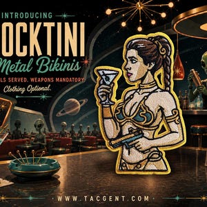 May include: An embroidered patch featuring a woman with braided hair wearing a gold bikini and holding a martini glass and a handgun. The text reads: INTRODUCING GLOCKTINI & Metal Bikinis COCKTAILS SERVED. WEAPONS MANDATORY Clothing Optional. The Glocktini.