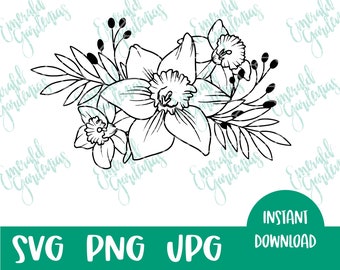 May include: A black and white line drawing of a bouquet of daffodils. The flowers are arranged in a cluster with leaves and stems extending outward. The drawing is simple and elegant, perfect for use in a variety of projects.