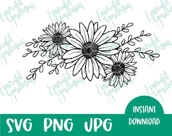 May include: Black and white line art illustration of a bouquet of sunflowers with leaves. The sunflowers are in bloom and have a simple, stylized design.