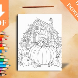 Puede incluir: Una página para colorear en blanco y negro que muestra una cabaña de piedra con chimenea y una calabaza grande en primer plano rodeada de enredaderas. La imagen incluye un icono de descarga digital PDF y un lápiz marrón arriba.