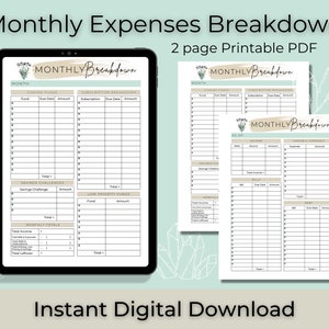 Monthly Expense Breakdown - DIGITAL DOWNLOAD Printable PDF