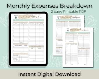 Monthly Expense Breakdown - DIGITAL DOWNLOAD Printable PDF