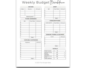 Weekly Budget Breakdown Pad for Weekly Budgeting and Weekly Paychecks, 25 pages of Budgeting Templates