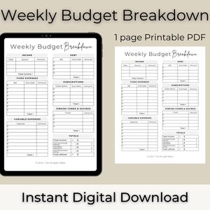 May include: A printable weekly budget breakdown worksheet with sections for income, debt, fixed expenses, subscriptions, sinking funds and savings, and variable expenses. The worksheet includes a totals section to calculate total income, total expenses, and total leftover.