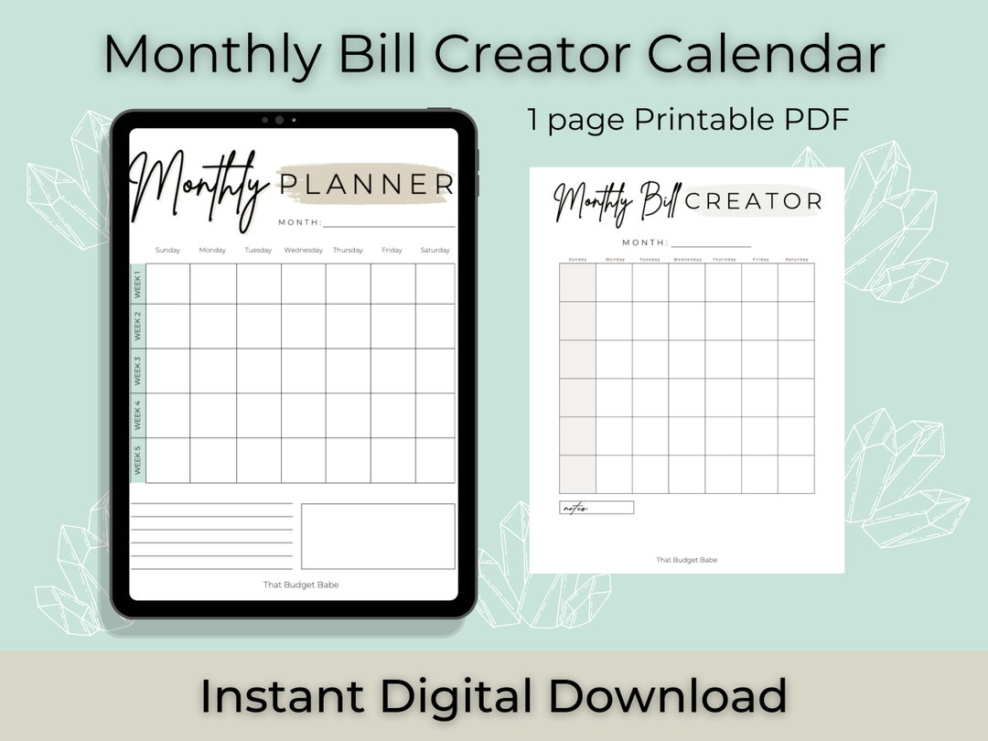 TBB Monthly Bill Creator Calendar Digital Budget Tracker Bill TBB Monthly Bill Creator Calendar Digital Budget Tracker Bill