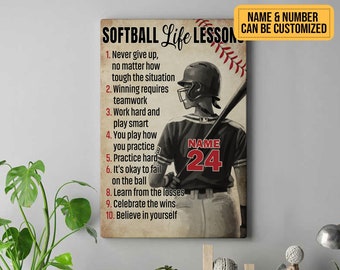 Póster personalizado con lecciones de vida en sóftbol, impresión en lienzo, arte vintage, decoración de pared, regalo inspirador para jugadores de sóftbol, decoración para la habitación de niños y niñas