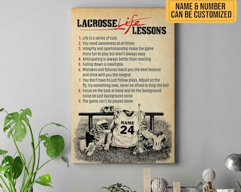 Lacrosse Life Lessons Poster Canvas Vintage Print Custom Name Number Sports Wall Art Gift for Lacrosse Player Man Cave Boys Room Club Decor