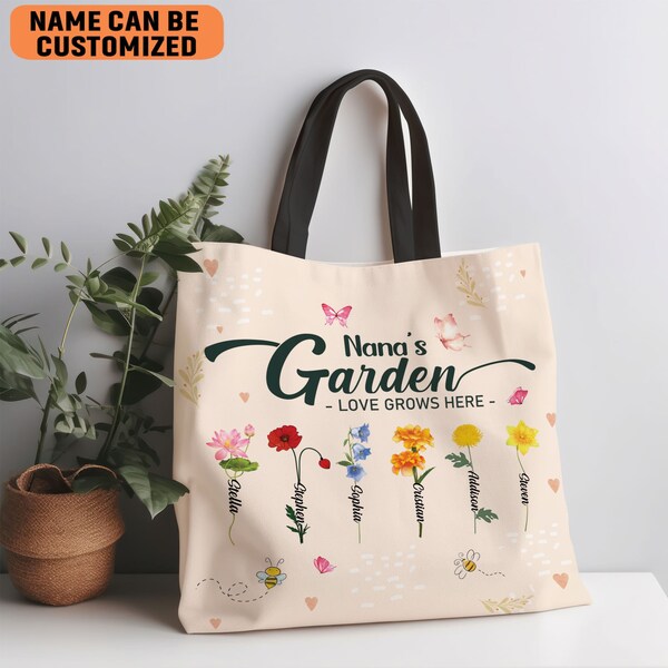 Custom Flower Birthday Month Grandma's Garden Tote Bag, Gardner Bag, Grandma Bag, Personalized Gift for Grandma Nana Mimi Gardening Lover