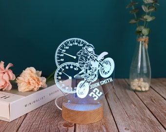 Lámpara de luz nocturna LED acrílica con forma de motocross, nombre personalizado y número, regalo personalizado para motociclistas, corredores, amantes de las motos de cross, decoración de dormitorio