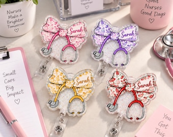 Custom Floral Bow Nurse Badge Reel, Personalized Retractable Medical Assistant ID Holder, Coquette ID Clip for Nurses, Nursing Gift for Her