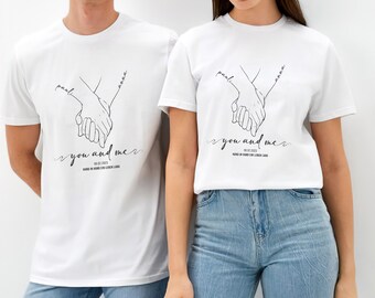 Nombre personalizado fecha mano a mano pareja camiseta, camisa de boda, regalo de aniversario de boda del día de San Valentín, camisas de pareja, novio novia camiseta Unsiex