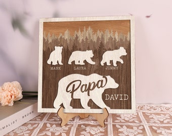 Signo familiar de animales personalizado, signo de madera de papá oso, placa de 2 capas, regalo del día del padre, regalo de cumpleaños para papá, regalo familiar para papá, abuelo, decoración del hogar