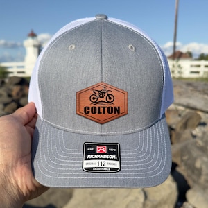 Engraved Leather Patch Custom Name Motocross Trucker Hat, Motorcycle Dirt Bike Hats, Personalized Kids Hat, Off-Road Motorbike Lover Gift
