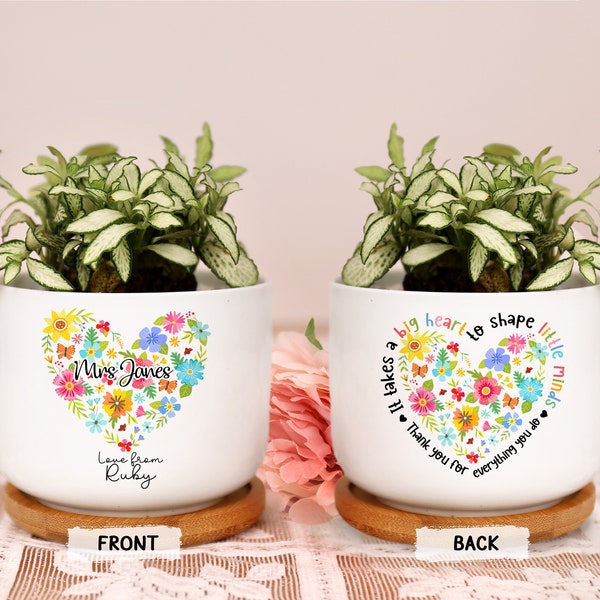 Personalized Thank You Teacher Ceramic Plant Pot Mini Planter Flowerpot Appreciation Gift for Teacher Teaching Assistant Nursery Wood Base