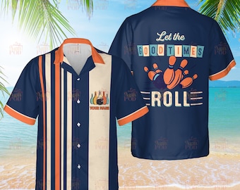 Camisa hawaiana de bolos personalizada "Let the Good Times Roll", camisa de bolos retro personalizada, regalo para jugador de bolos, equipo, fiesta Aloha