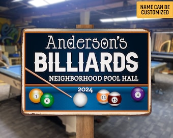 Personalized Billiards Neighborhood Pool Hall Metal Sign Custom Billiards Sign Billiards Lover Gift Billiards Room Decor Game Room Decor