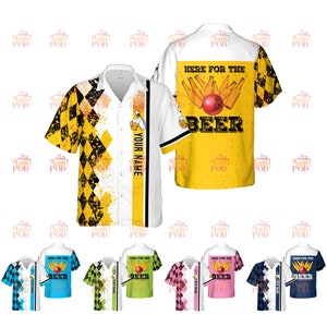 May include: Short-sleeved bowling shirt with a white, yellow, and black design. The shirt features a bowling pin and beer mug graphic, with the text "HERE FOR THE BEER" on the back and "YOUR NAME" on the front.