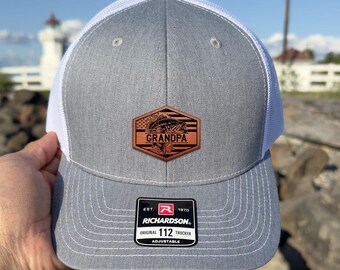 Engraved Leather Patch Amerian Flag Fishing Grandpa Trucker Hat, Fishing Grandpa Hat, Patriotic Grandfather Baseball Cap, Father's Day Gift