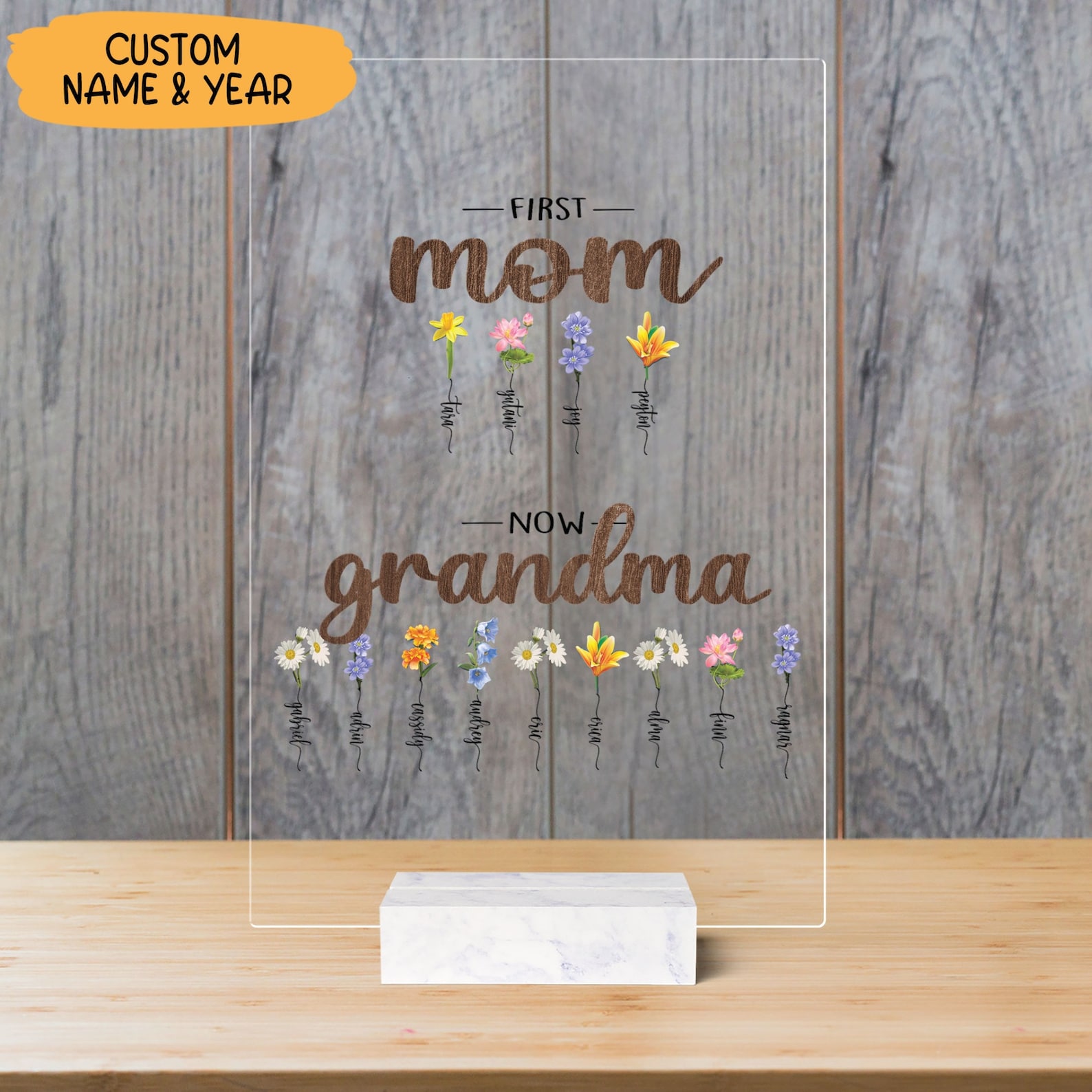 Custom Birth Month Flower First Mom Now Grandma Acrylic Plaque Grandma ...