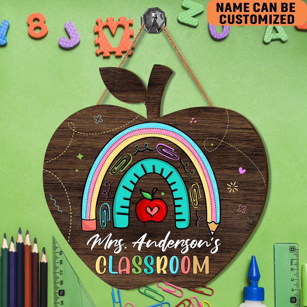 Personalized Classroom Wood Sign Rainbow Apple Shape Custom Teacher ...