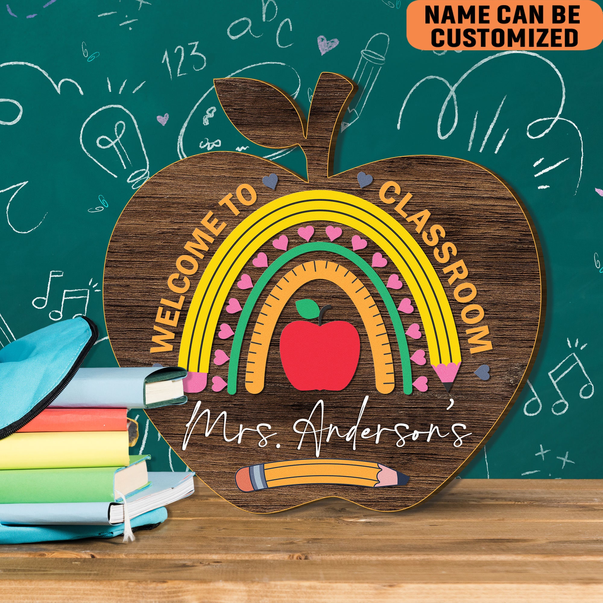 Personalized Classroom Wood Sign Rainbow Apple Shape Custom Teacher ...