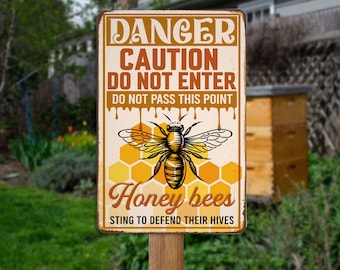 Peligro: Abejas melíferas. Letrero metálico. Letrero de abejas. Letrero para granja apícola. Letrero de advertencia. Regalo para apicultor o granjero. Decoración para granja apícola.