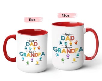 Personalized Kids Handprint First Dad Now Grandpa Mug, Custom Grandpa Coffee Mug, Father Accent Cup, Birthday Father's Day Gift for Dad Papa