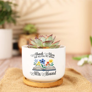 Personalized Teacher Gift Book Thank You Ceramic Plant Pot Mini Planter Flower Pot End Of Year Appreciation Gift for Teacher 2-Side Print image 2