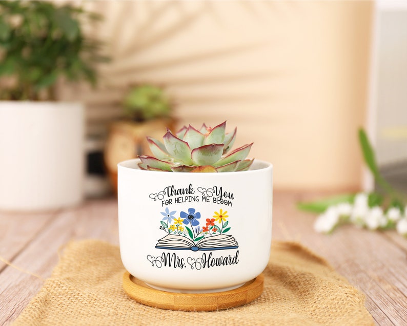 Personalized Teacher Gift Book Thank You Ceramic Plant Pot Mini Planter Flower Pot End Of Year Appreciation Gift for Teacher 2-Side Print image 2