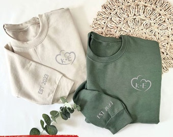 Custom Embroidered Initials Hearts Sweatshirt Hoodie Couple Shirt Year On Sleeve Valentines Day Gift for Her/Him Anniversary Gift for Couple