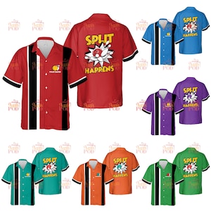 May include: A collection of bowling-themed button-down shirts in various colors, including red, blue, purple, green, and orange. Each shirt features a bowling pin and ball graphic with the text "SPLIT HAPPENS". Some shirts have a personalized name area.
