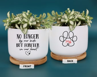 May include: Two white ceramic planters with green plants, each on a wooden saucer. One planter has the text "NO LONGER by our side BUT FOREVER in our heart" and a paw print heart. The other has a paw print design with the name "Molly".