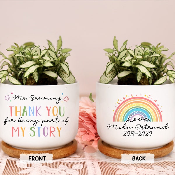 Pot de fleurs pour professeur personnalisé arc-en-ciel Merci d'avoir fait partie de mon histoire Mini pot de fleurs en céramique en céramique Remerciements de fin d'année cadeau pour professeur