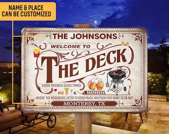 Letrero de metal personalizado de bienvenida a la cubierta, letrero de cubierta de barbacoa a la parrilla, regalo personalizado de arte clásico, decoración de patio trasero al aire libre interior Vintage