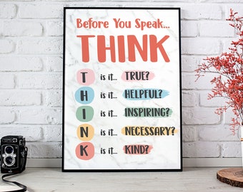 Think Before You Speak Poster Canvas Print Wall Art Classroom Poster Classroom Decor Positive Motivational Poster Counselor Teacher Gift
