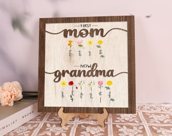 Personalizado mes de nacimiento flor primera mamá ahora abuela jardín signo de madera placa de 2 capas, regalo del día de la madre, regalo de mamá, regalo de la bisabuela, decoración del hogar