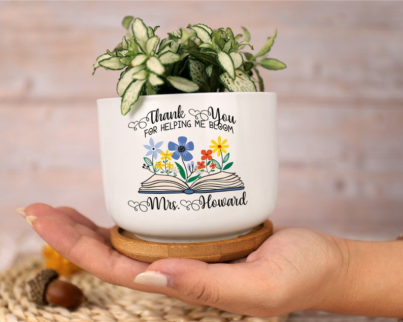 Personalized Teacher Gift Book Thank You Ceramic Plant Pot Mini Planter Flower Pot End Of Year Appreciation Gift for Teacher 2-Side Print image 3