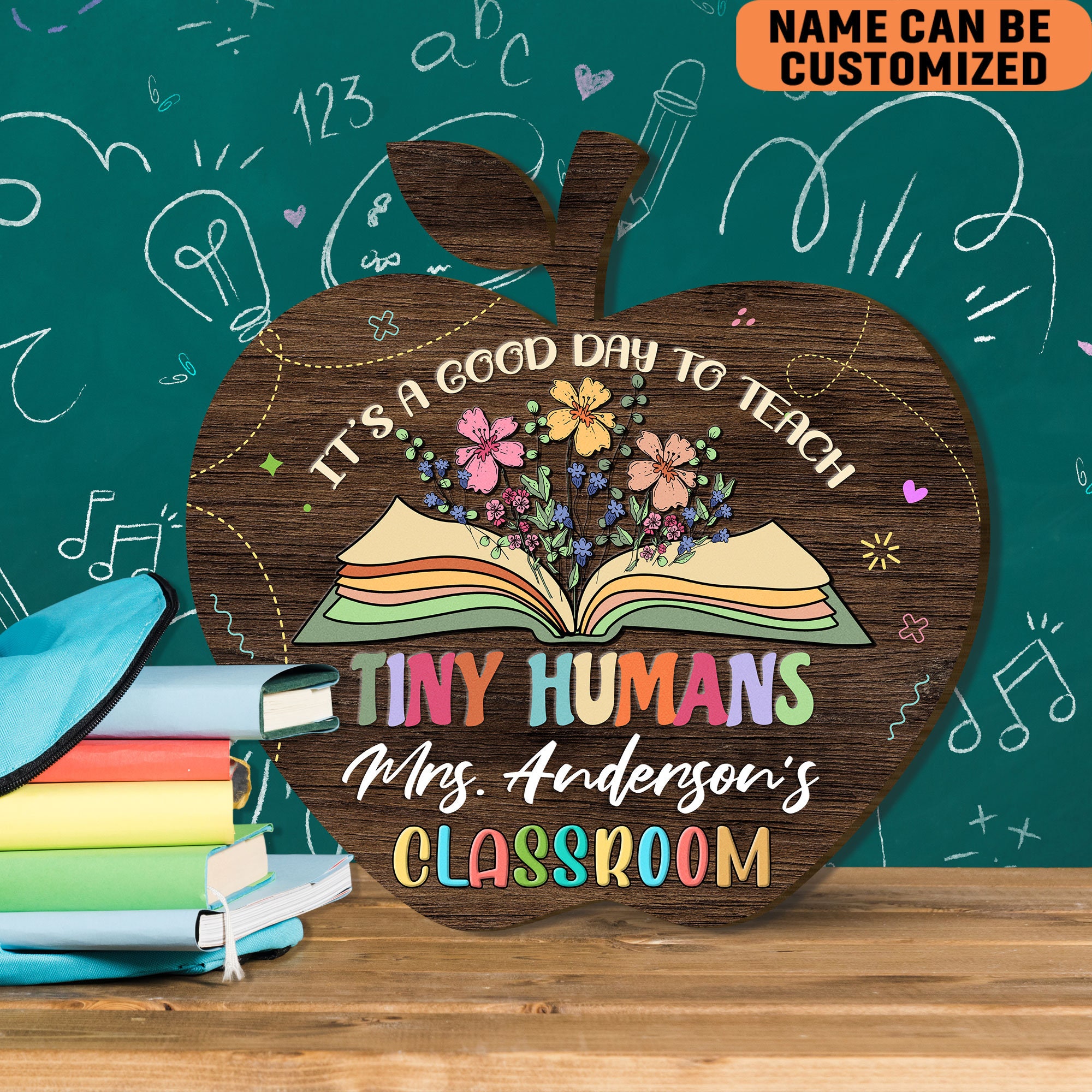 Personalized Classroom Wood Sign Apple Shape Custom Teacher Name ...