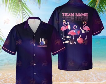 Camisa hawaiana de bolos con flamenco personalizada, camisa de equipo de bolos con botones, camisa de bolos personalizada para fiesta Aloha, regalo de bolos para jugador de bolos