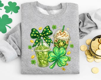 Sudadera con lazo y trébol de café, sudadera para el Día de San Patricio, regalo para el Día de San Patricio, camiseta de trébol de la suerte para amantes del café, regalo para el Día de Irlanda para ella