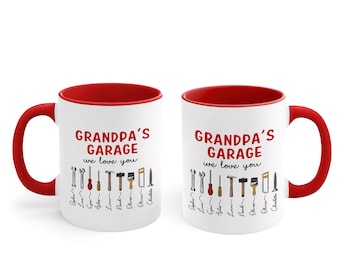 Personalized Grandpa's Garage Coffee Mug, Custom Grandkids Name Grandpa Mug, Accent Cup, Father's Day Gift, Birthday Gift for Grandfather