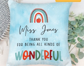 Custom Name Teacher Pillow, Thank You Teacher Gift, Rainbow Teacher Pillowcase, End of Term Gift For Teachers, Classroom Decor, Home Decor