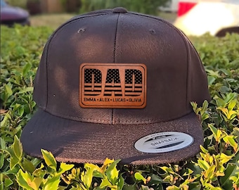 Gorra Snapback personalizada para papá, gorra de papá con parche de cuero y bandera estadounidense con nombres de niños, gorra de béisbol patriótica para papá, regalo de cumpleaños o del Día del Padre.