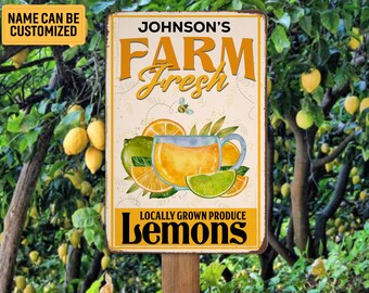 Letrero metálico personalizado para granja de limones. Limones frescos de cultivo local. Letrero vintage para granja de limones. Letrero para jardín de limones. Decoración para granja y jardín. Regalo personalizado para granjero.