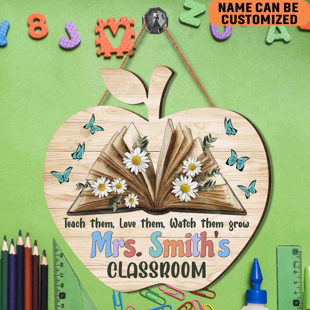 Personalized Classroom Wood Sign Floral Apple Shape Custom Teacher Name ...