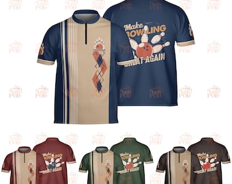 May include: Bowling shirts in various colors, including navy blue, burgundy, and brown. Each shirt features a front design with a bowling pin graphic and the text "YOUR NAME" and "POD". The back of the shirts display the text "Make BOWLING Great Again".