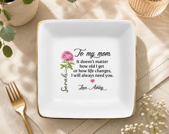 Plato para anillos personalizado con la flor del mes de nacimiento de mi mamá, bandeja de cerámica para joyas con diseño floral personalizado, regalo de cumpleaños para mamá, regalo del Día de la Madre