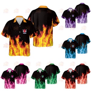 May include: Short-sleeved button-down shirts with a bowling theme. The shirts feature a black background with flames in various colors, including orange, red, blue, green, and purple. Each shirt has a bowling pin and ball graphic with the text "YOUR NAME".