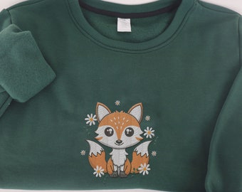 Sudadera con capucha bordada de zorro y margarita para mujer, sudadera de margarita y zorro, camiseta de zorro adorable, regalo para amantes de los zorros, la naturaleza y los animales